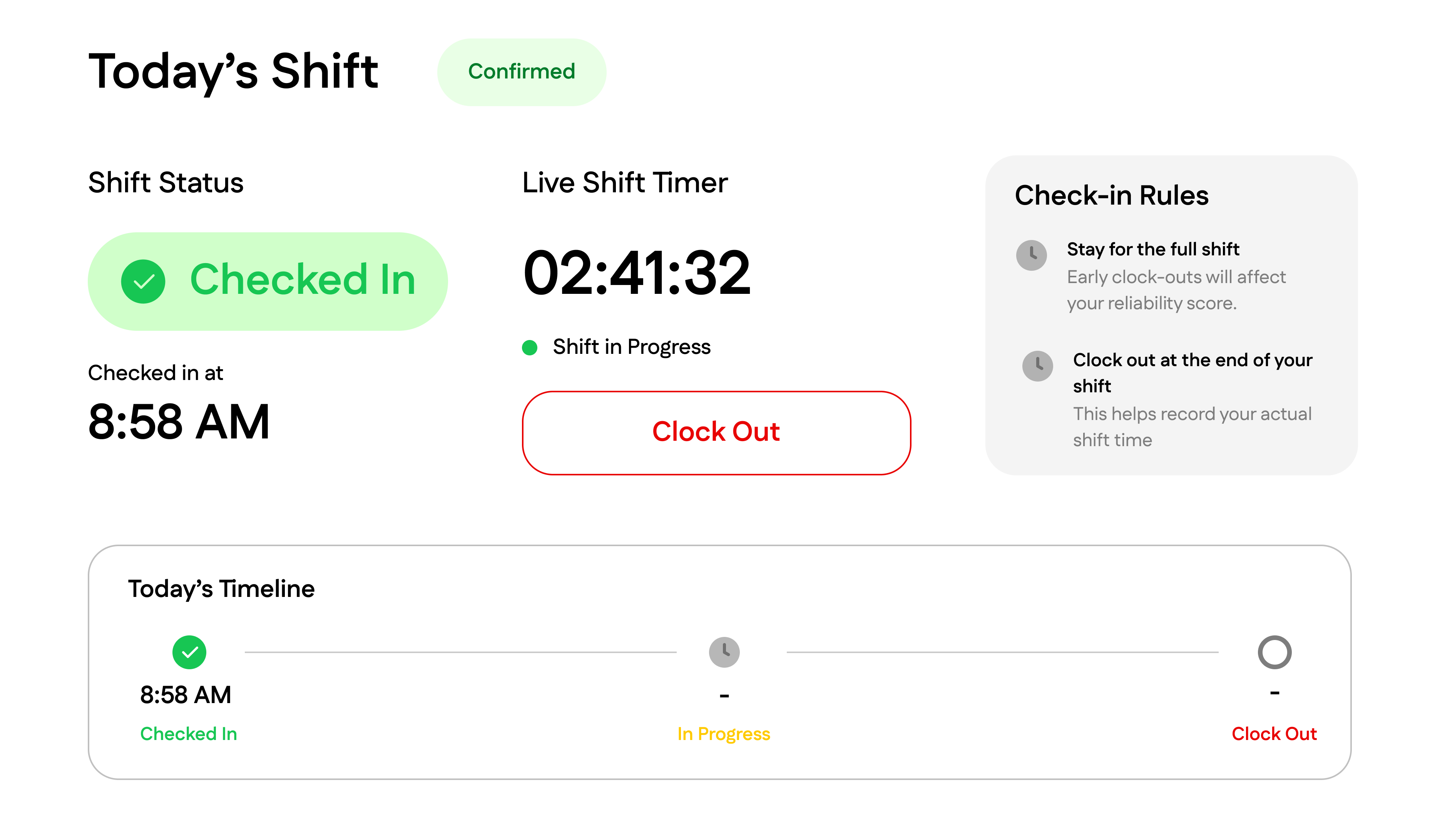 Interface showing pharmacist check-in, clock-out, shift status, and recorded shift time.