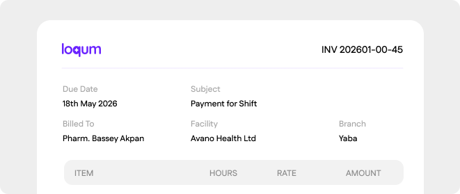 Loqum dashboard showing completed shifts, earnings and invoice records
