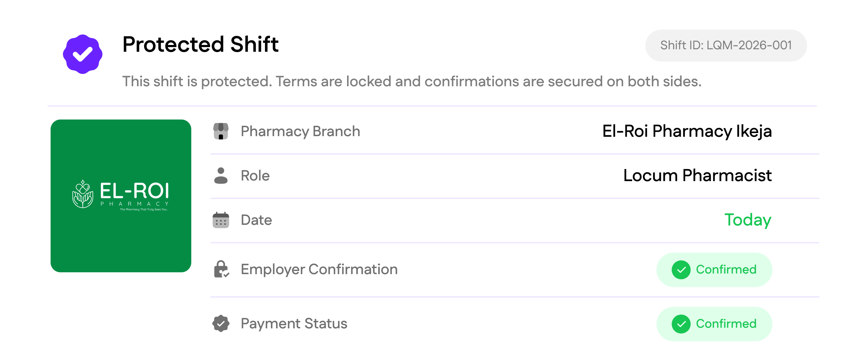 Interface showing protected shift eligibility, trusted professional status, clear terms, and shift records.
