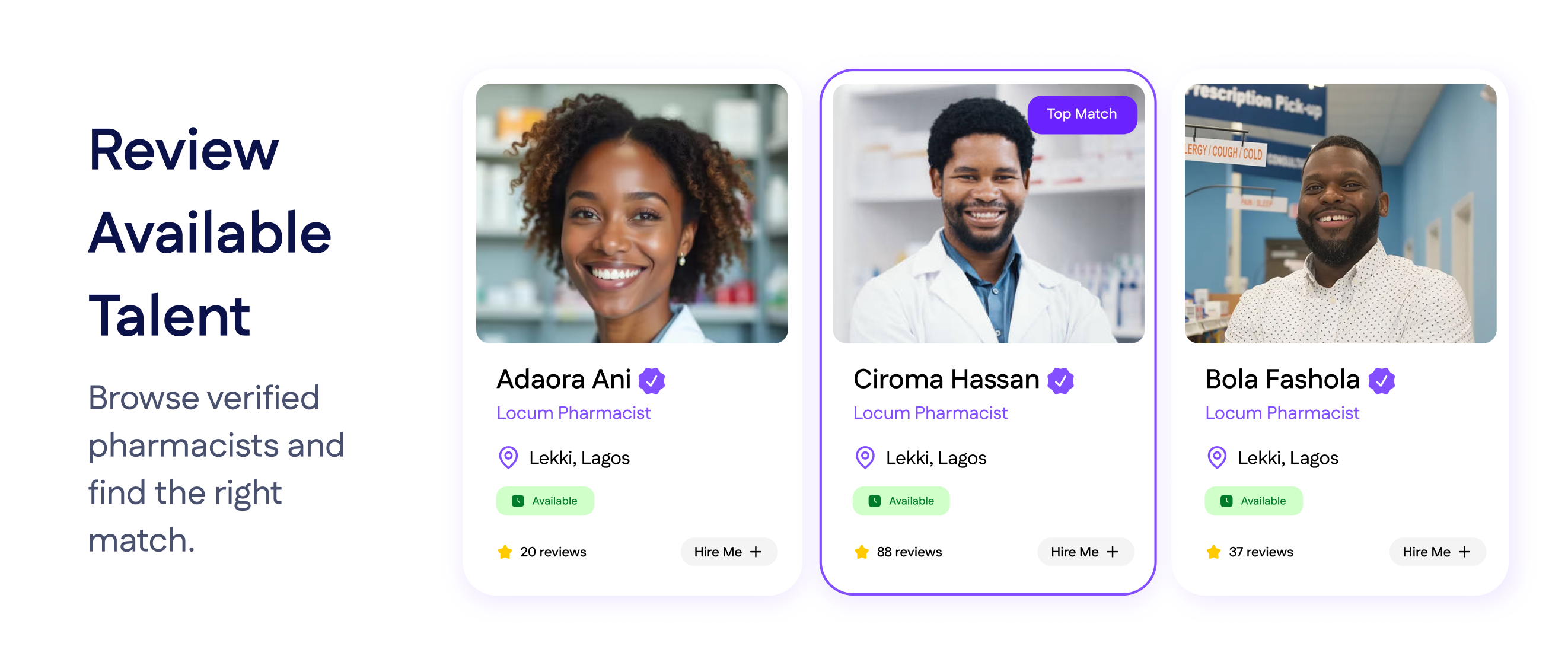 Loqum interface showing available pharmacist profiles, top match selection, location details, and availability status.