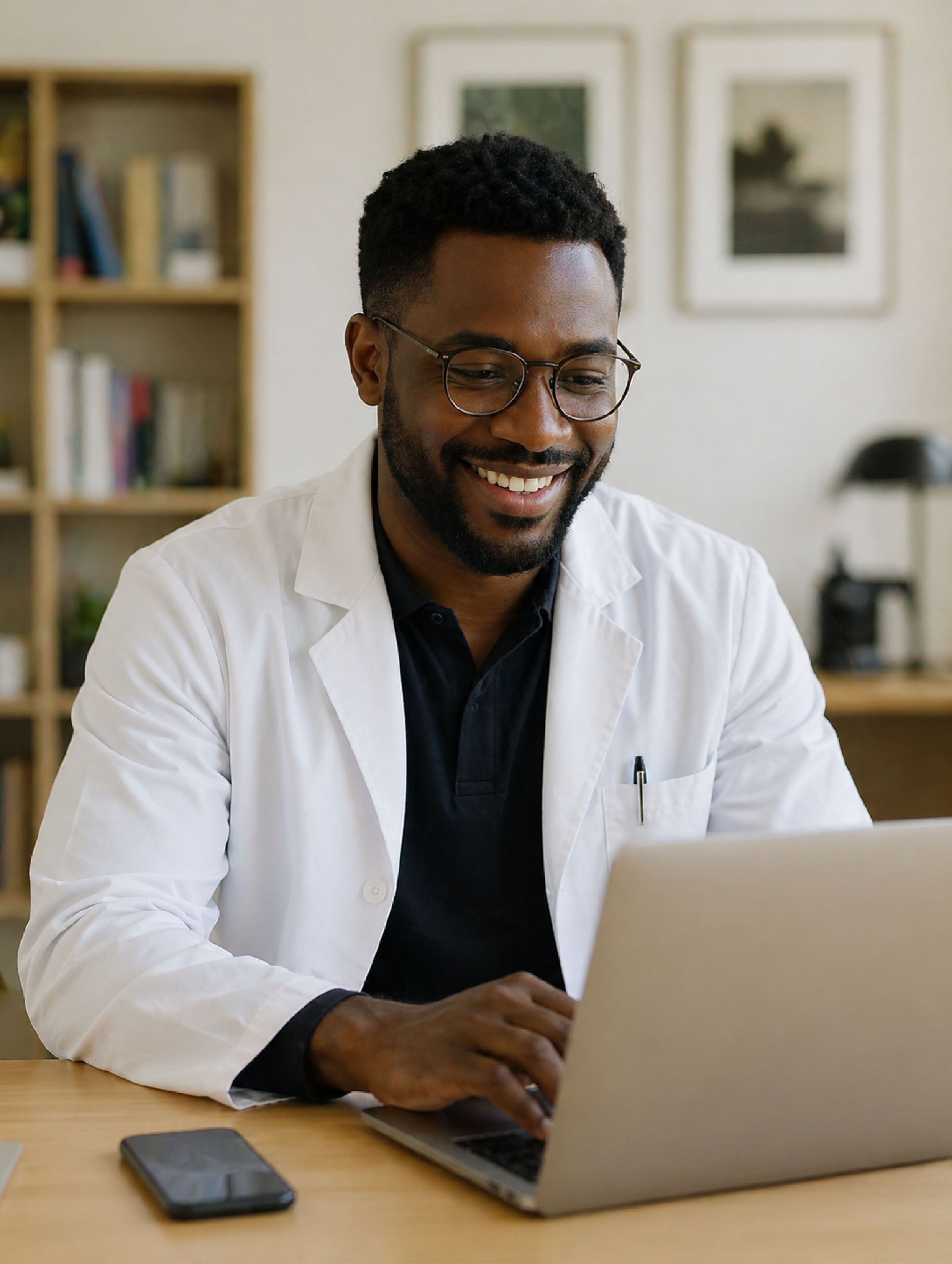 Pharmacist working at a desk.